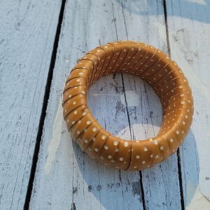 Leather Day Bangle Bracelet Mustard w White Polka Dots Handmade WIDE